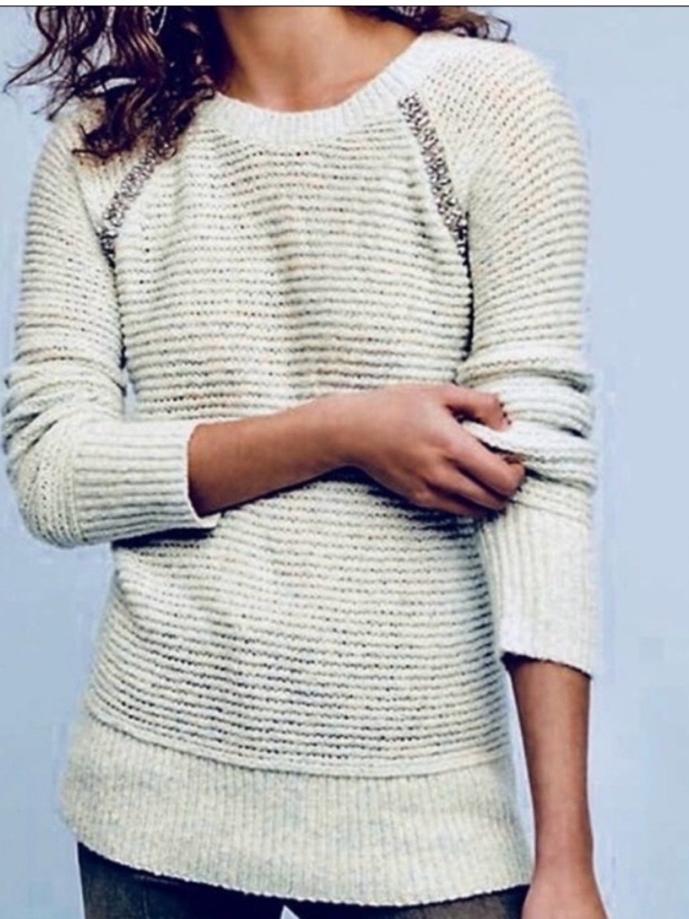 Anthropologie Sleeping on Snow Light Blue Rhinestone Sweater Size S NWOT